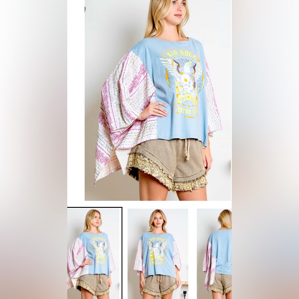 BlueVelvet Eagle Print Top with Mixed Print Sewn Poncho Sleeves in Light Blue